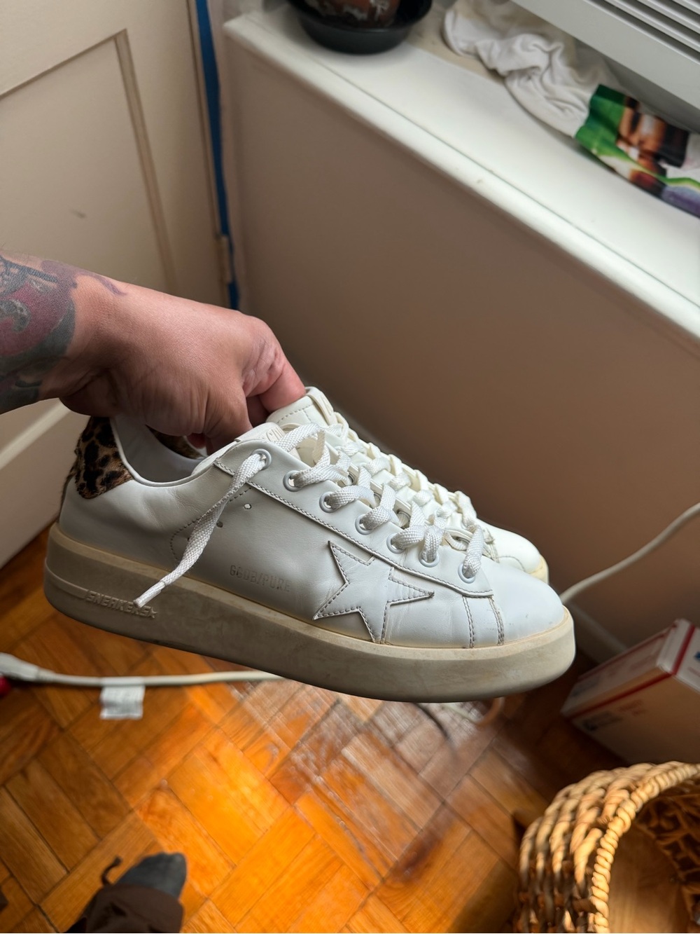 Golden Goose Pure-Star Sneakers with Leopard Heel Accent  Size 39